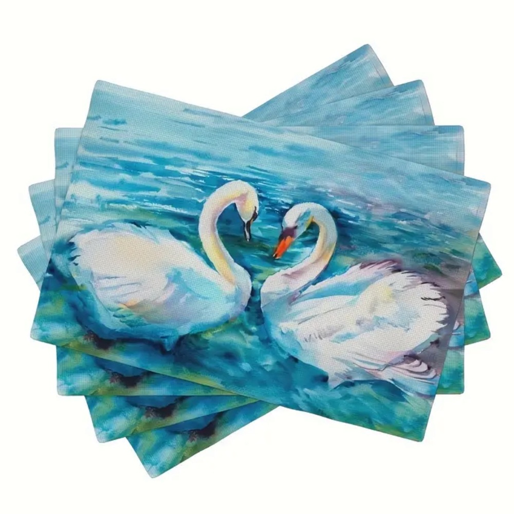 Swans in Love Watercolor Printed Linen Placemats, Set of 4